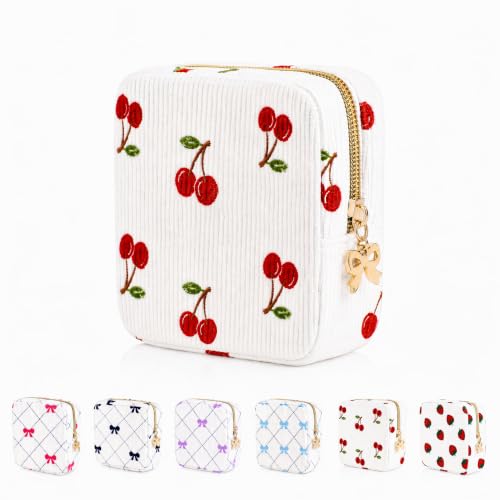 Image of Period Bag for Women, Portable Corduroy Sanitary Napkin Storage Bag Cherry Period Pouch with Zipper, Sanitary Pads Bag Tampons Holder for Purse, First Period