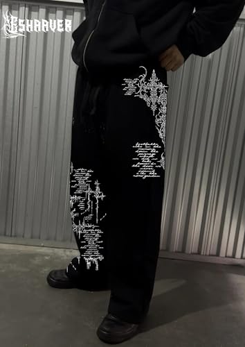 Image of Aesthetic Gothic Wide Leg Pants for Men | Tribal Print Baggy Streetwear | Oversized Track Pants with Elastic Waist | Black and White Relaxed Fit Bottoms
