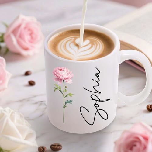 Elemtansy Custom Coffee Mug, 11oz Ceramic Coffee Cup with Photo Text & Birth Flower, Personalized Christmas Mom Sister Coworker Gifts for Women (Flower & Name) #1