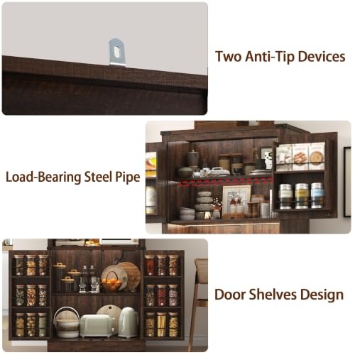 Image of 72 inch Tall Farmhouse Kitchen Pantry Cabinet with LED Light and Power Outlet,Modern Farmhouse Kitchen Storage Cabinet w Load-Bearing Steel Pipe,Barn Doors, Organizer,Food Pantry Cabinets(2PC Black)