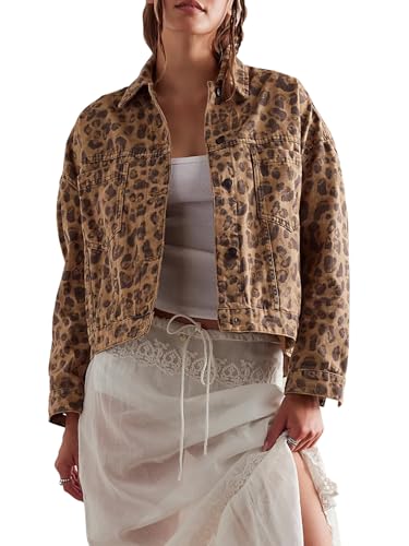 Women's Leopard Print Denim Jacket Casual Long Sleeve Button Down Loose Cheetah Vintage Jean Coat with Pockets