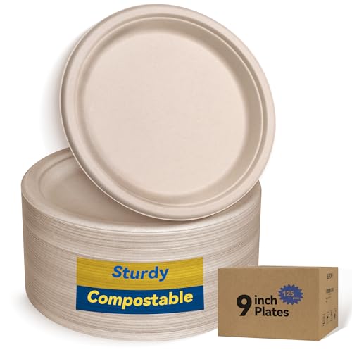 Leafory 9 Inch Heavy Duty Paper Plates 125 Pack – Sturdy Disposable Plates, Compostable Biodegradable Sugarcane & Bamboo Fiber, Natural Paper Plate for Dinner Camping Everyday Use