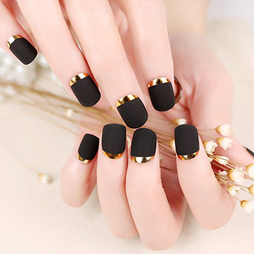 Fake Nails False Nail Design Pretty Nail Designs Matte Black with Gold Fake Nails