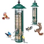 Kingsyard Squirrel Proof Bird Feeder for Outside Hanging, All-Metal Tube Bird Feeder, 3LB Seed Capacity, Weight-Activated Closure, Easy Top-Fill, 4 Metal Ports & Perches, Backyard Garden, Green
