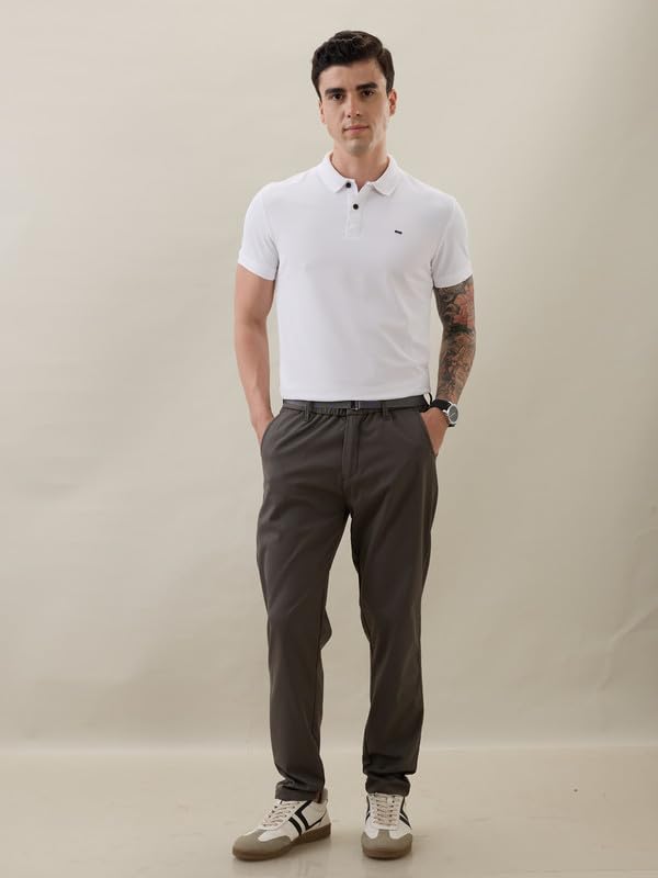 Image of Nostrum Men's Smart-Casual Tapered Trousers for Men, Charcoal, Cotton Corduroy, Mid Rise, Regular Slim Fit with Adjustable Belt, Side and Back Pockets, Casual Wea