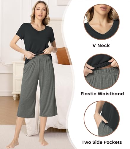 Image of NACHILA Bamboo Viscose Pajamas for Women Lace V Neck Capri Pants Pjs Set