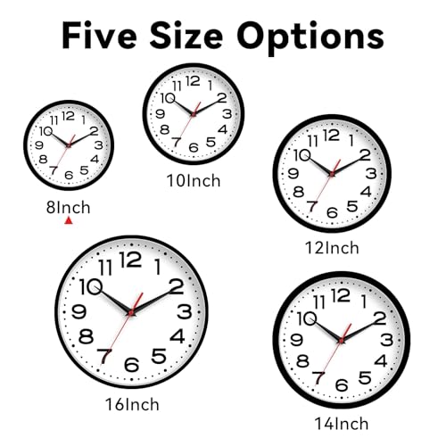 Image of Roymnie 8 Inch Small Wall Clock, Battery Operated Silent Non Ticking Black | analog wall clock; bold numerals for easy reading; silent non-ticking; 1 AA battery (not included); for classroom