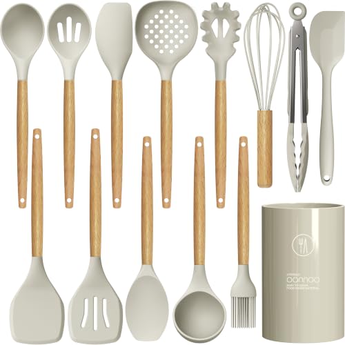 oannao Silicone Cooking Utensils Set - 446°F Heat Resistant Silicone Kitchen Utensils for Cooking,Kitchen Utensil Spatula Set w Wooden Handles, BPA FREE Gadgets for Non-Stick Cookware (Khaki)