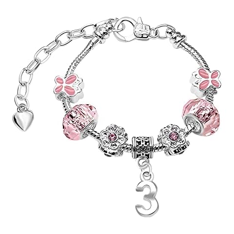 Girls Sparkly 3rd Birthday Pink Butterfly Crystal Silver Plated Adjustable Charm Bracelet with Gift Box 3rd Birthday Gifts for Girls Age 3 Birthday Jewellery for Girls Kids Jewelry Cover