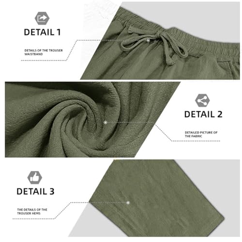 Men Casual Hemp Fabric Embroidered Pants, Mens Pants Relaxed Fit, Logo Drawstring Loose Elastic Waist Pocket Sweat Trousers2