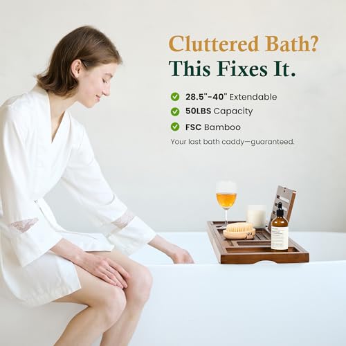 Realgulf Bamboo Bathtub Tray, Bath Caddy with Wine Glass Holder, Phone Dock & Book Stand | Hands-Free Reading & Ultimate Spa Relaxation Experience-Brown