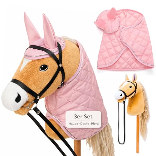 Hoofly Hobby Horse Set – Caballo grande para niños con manta y capucha | Juego completo de caballos Hobby Horsing con brida y varilla de tornillo de 35 cm | Caballo beige – Accesorio rosa