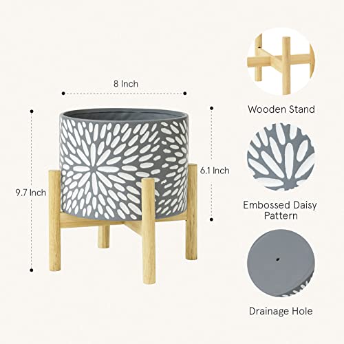 La Jolie Muse Ceramic Plant Pot With Wood Stand - 8 Inch Unique Modern Flower Pots Indoor With Wood Planter Holder And Drainage, Frost Gray #TOP1