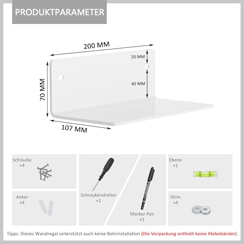 Sezanrpt 20cm weiße kleine Regale Acryl, Wandregale für Wohnzimmer Dekor, Schlafzimmer, Badezimmer, Küche, Esszimmer, Brand Store, 2-Pack