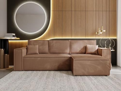 GRAINGOLD Prato XL Canapé d’Angle en L 280x170 cm, Velours côtelé, Convertible et Réversible, avec Coffre de Rangement et Fonction Lit, 4 Places...