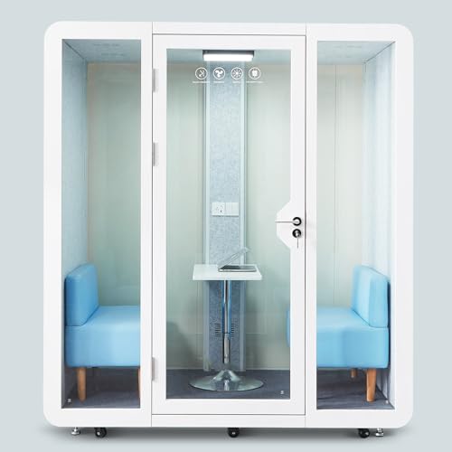Mobile Office Pod Booth, Sound Pod, Large Space SoundProof Pod 2-4 People, Sound Booth Mobile Roller, LED Lighting, Centrifugal Fans and AC USB Ports - for 2-4 Persons White