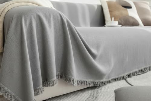 Image of The Furnishing Tree 3 Seater Reversible Chenille Sofa Cover, Double-Sided Luxury Throw, Anti-Slip Couch Cover, Soft & Comfortable Sofa Towel for All Seasons, Ivory Grey Stripe