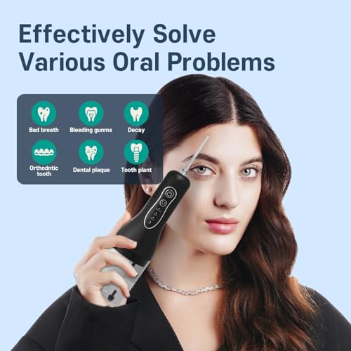 Image of FlossJet Water Flosser for Teeth, 2026 Upgraded Portable Dental Irrigator with 260ml Removable Tank, 4 Cleaning Modes & 5 Jet Tips, IPX6 Waterproof, 1300 mAh Rechargeable Battery Teeth Cleaner (Black)