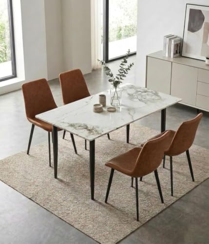 Image of Eclipse Four Seater Faux Marble Dining Set | 15mm Sintered Stone Dining Table | Upholstered Metal Chairs | Galaxy Cream (DIY Assembly)