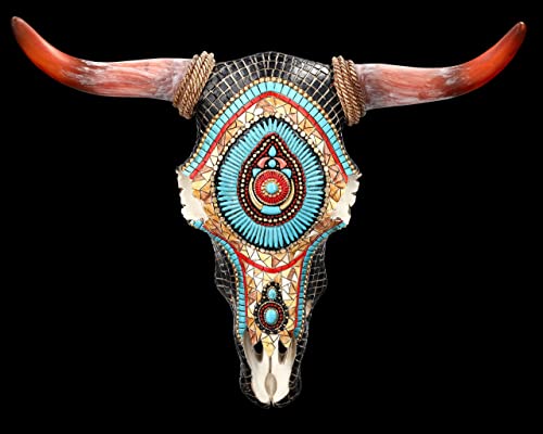Figuren Shop GmbH Wanddeko Totenkopf Bison mit Western Mosaik 33 cm groß - Relief mit Hörnern | Trophäe Kopf Rind Longhorn Bulle Büffel Schädel...