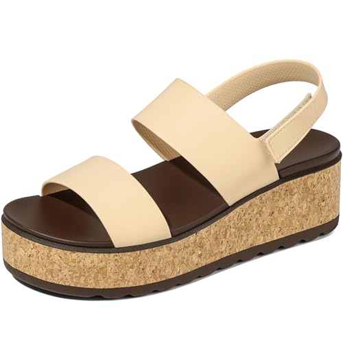 Marc Ford Women's 2026 White Platform Wedge Cork Sandals Chunky Lug Sole Lightweight Comfortable Waterproof Summer Beach Vacation Essentials Trendy Walking Shoes Resort Wears Size 8.5