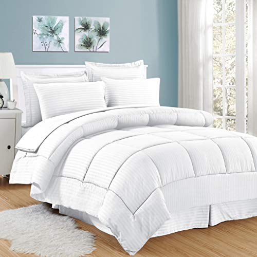 Sweet Home Collection 8 Piece Bed In A Bag with Dobby Stripe Comforter, Sheet Set, Bed Skirt, and Sham Set - King - White
