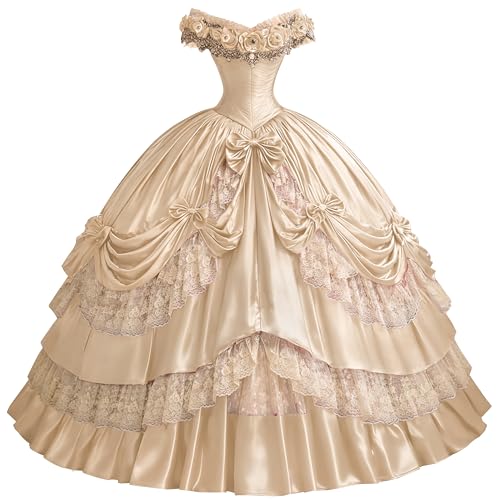 Mauuwy Vintage Dresses for Women Champagne Victorian Dress with Bow Off Shoulder Satin Ball Gown Civil War Princess Wedding Evening Gowns Size 14