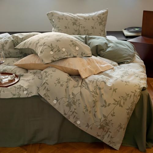 VM VOUGEMARKET Botanical Leaves Duvet Cover Set King Linen Cotton Bedding Set,3D Jacquard Yarn-Dyed Textured Comforter Cover with Button Closure-104 x90,Sage Green