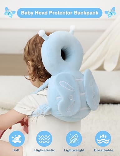 Image of JunNeng Baby Head Protector Backpack for Walking Crawling, Blue Butterfly | Soft, Breathable, Adjustable, Baby Fall Back Head Protector for Falling