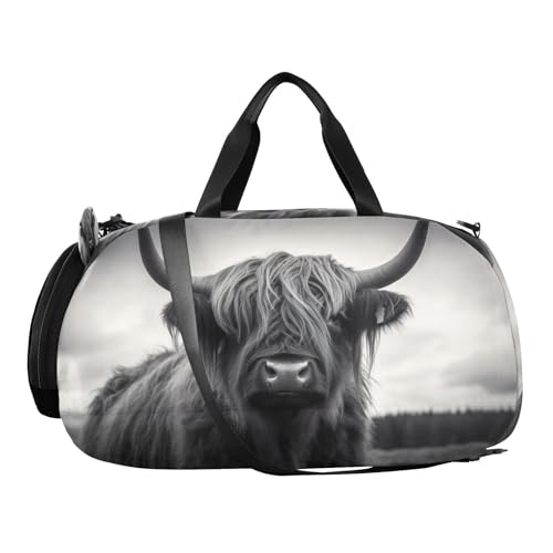 YETTASBIN Sport Travel Duffel Bag for Girls Boys, Highland Cow Large Waterproof Weekender Overnight Bag, Detachable Shoulder Strap Gym Bag with Shoe Compartment & Wet Pocket2