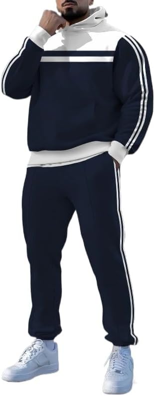 Men's color blocked hooded sweatpants set, loose printed pullover, jogging two-piece set