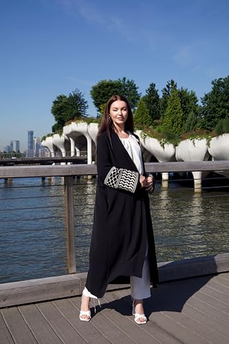 Image of HUSN Serenity Black Robe Open-Front Abaya - Duster Cardigan with Golden Embroidered Sleeves - Womens Duster for Modest Women