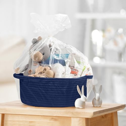 Image of Small Blue Gift Basket, Woven Baskets for Gifts Empty, Cotton Rope Cat Dog Toy Bin Box, Wicker Basket with Handles, Baby Nursery Shelf Storage Basket for Home Decor, Navy Blue, 12 inchx 8 inchx 5 inch