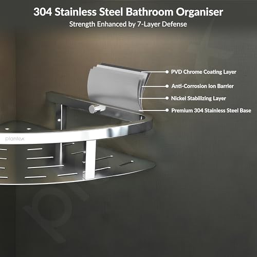 Image of Plantex Corner Shelf for Bathroom Wall /304 Grade Stainless Steel Bathroom Corner Shelf Rack /Bathroom Racks and Shelves /Multipurpose Bathroom Accessories Set - Pack of 2 (Chrome,9x9 Inches)