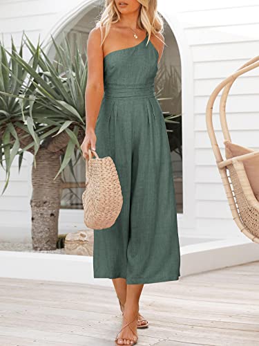 Caracilia Womens Summer Wide Leg Casual One Off Shoulder Straps Smocked Jumpsuit Romper With Pockets Grey C50A2-Shenhui-L #TOP4