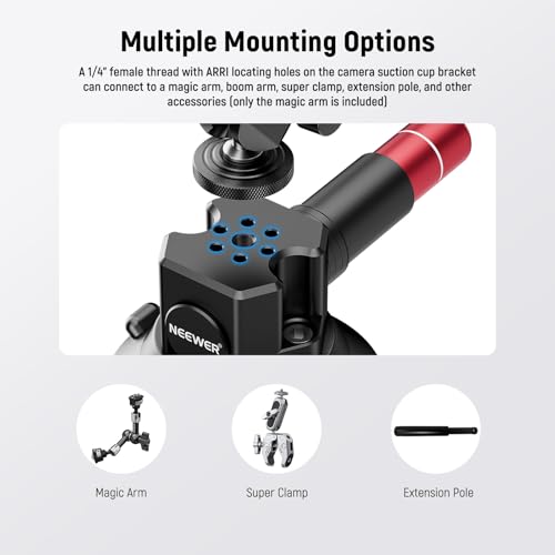 Image of NEEWER 3 inch Suction Cup Camera Mount Bracket with Ball Head Magic Arm, CA104 | 1 /4 inch ARRI Holes, Quick Release Car Mount, Phone Holder, Action Camera Adapter, Compatible with iPhone DJI Insta360