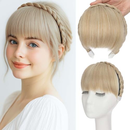 S-noilite Diadema con flequillo, diadema-con flequillo para pelucas, diadema de pelo sintético trenzado peluca extensiones de cabello para mujeres niñas -Rubio ceniza mezcla rubio decolorado