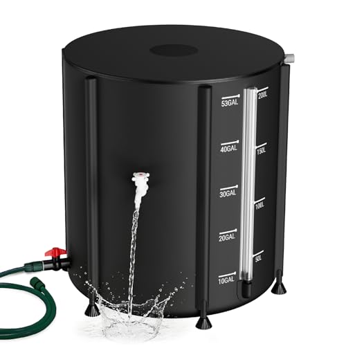 SKM 53 Gallon Collapsible Rain Barrel, PVC Rainwater Collection System Water Tank Storage, Portable Rain Water Collection Barrel for Outside/Lawn/Garden, Container with Overflow Kit & Spigot, Black