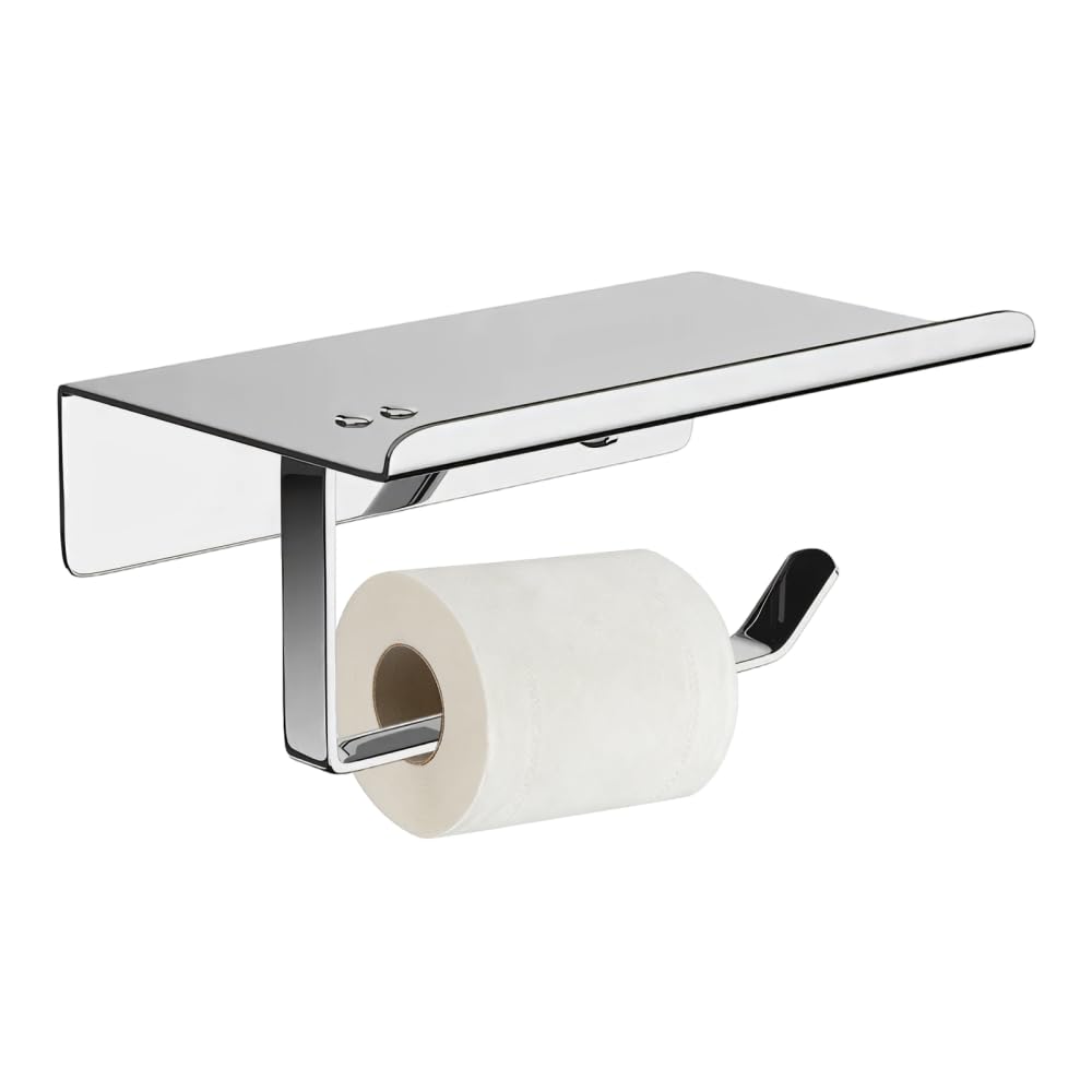 Toilet Paper Holder, Stainless Steel Wall Mounted Tissue Roll Dispenser with Shelf, Rustproof Toilet Roll Storage Wall Rack for Bathroom & Washroom
