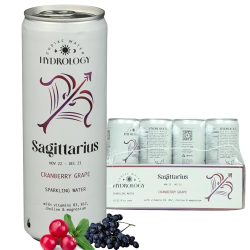Hydrology Zodiac Water - Sagittarius Cranberry Grape - Organically Flavored Social Sparkling Water with unique Vitamins and Minerals tailored to the Sagittarius Zodiac Sign, Astrology Drink for Birthday Gift (12-Pack, Sagittarius - Cranberry Grape)