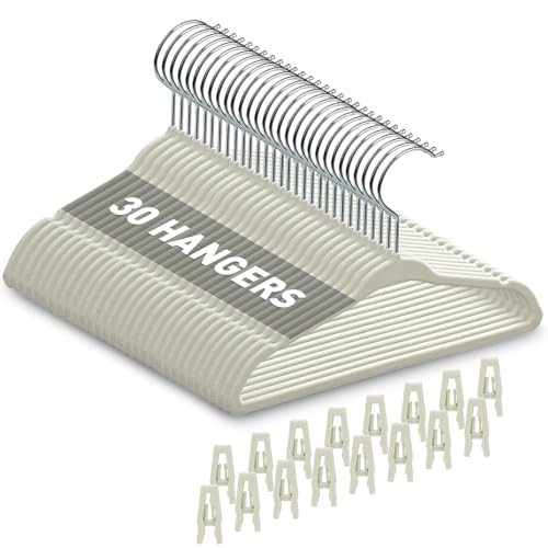 Image of Babyrish Velvet Baby Hangers with Clips (30 Pack) | 11” Ultra-Slim Baby Clothes Hangers | Non-Slip Felt | Space-Saving Nursery & Infant Closet Organizer | Beige