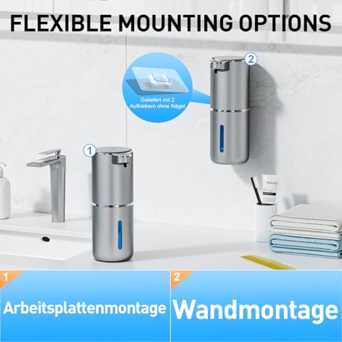 Fantictas Automatischer Schaumseifenspender, berührungsfreier Wandmontierter Handspender, 3-stufig einstellbar, elektrischer Seifenspender mit Infrarot-Bewegungssensor für Badezimmer, Küche,silbern