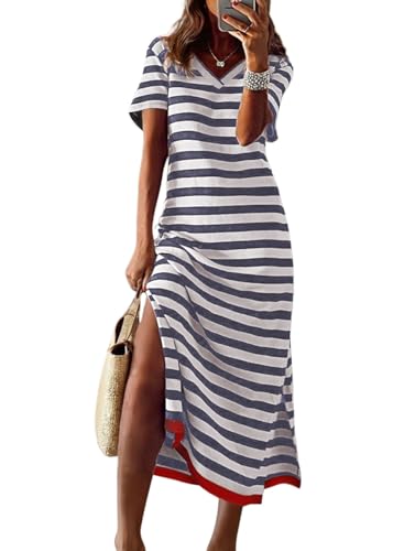Image of Dokotoo Womens Summer Casual Trendy 2026 Short Sleeve Maxi Dress Striped Split Vacation Color Block T Shirt Dress