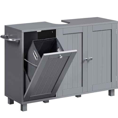 Yaheetech Mueble Bajo Lavabo con Cestos para Ropa Sucia Armario de Baño 2 Compartimentos Detrás de la Puerta con Bolsa Interior Extraíble 90x30x62,5 cm Gris
