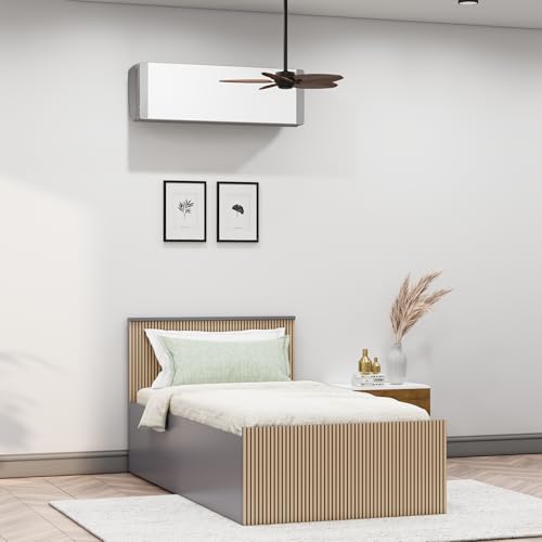Image of Bniture Modern Single Size Bed with Storage Box | Engineered Wood Bed 3D Textured Panels | Dual Tone Cupboard for Bedroom | Wooden Bed Single Beds Storage (Grey & Giant Wood, Single)