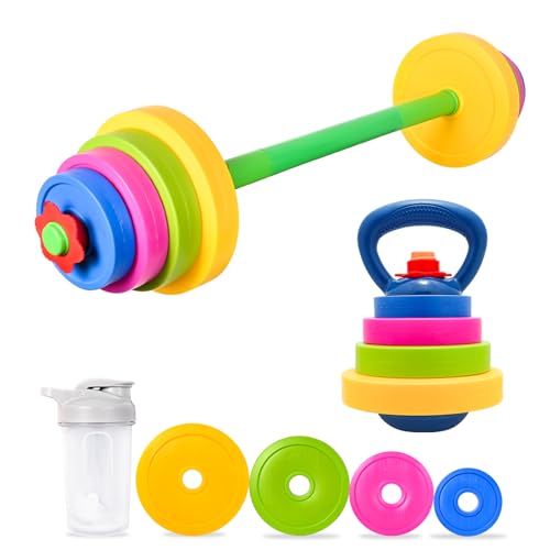 3-in-1 Kids Fitness Set with Adjustable Barbell, Kettlebell & Reusable Water Bottle – Kids Gym Equipment for Pretend Play Exercise, Fun Fitness Toys for Boys & Girls Home Workout