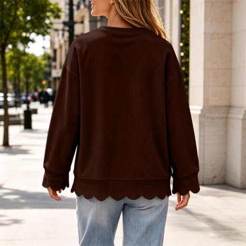 HswsEJ Crewneck Sweatshirts Women Fall Corduroy Long Sleeve Scalloped Tops - image 6