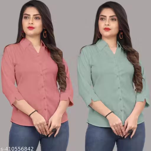 Image of Women's Solid Formal Shirt (Pack of 2)-Pink, Mint Green-1 P3