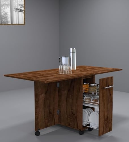 Image of SPECIALITY PANELS Folding Dining Table with 6 Wheels | Engineered Wood | Compact Design | Tables for Small Spaces | Termites Resistance | Kitchen Table in Cochwood Brown Finish