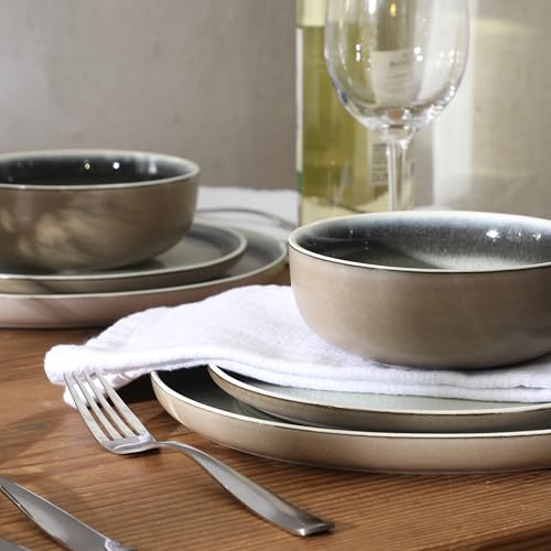 Image of Gibson Elite Island Bay 12-Piece New Bone China Dinnerware Set Service for 4, Reactive Glaze Plates and Bowls, Dishwasher and Microwave Safe, Black and Cream